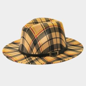 Accented plaid tan color black belt fedora fashion hat statement accessory